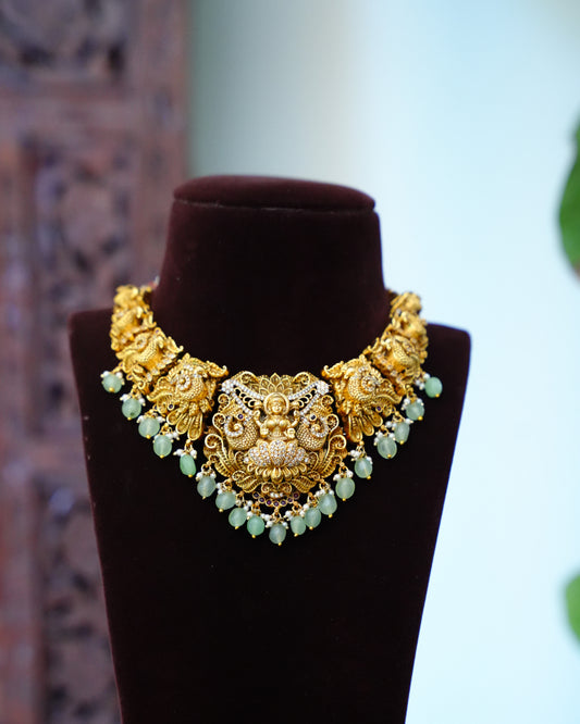 Antique Lakshmi Choker Necklace with Green Bead Drops