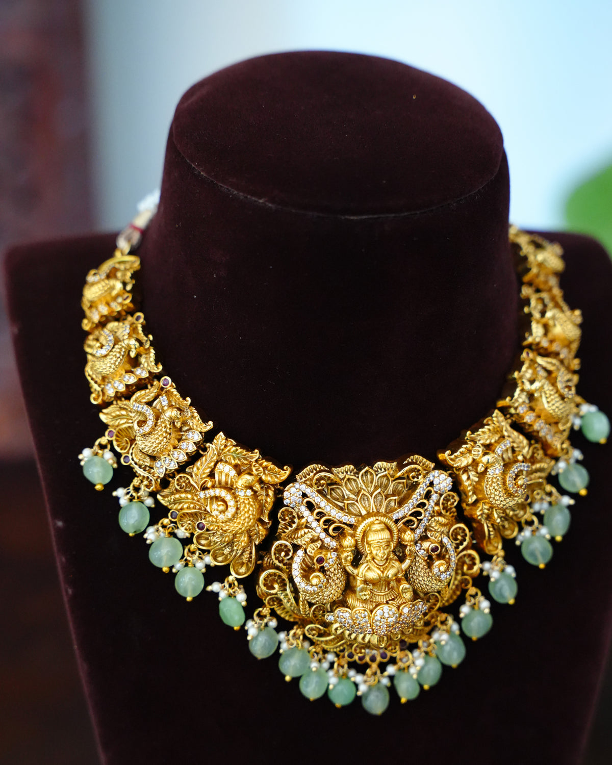 Antique Lakshmi Choker Necklace with Green Bead Drops