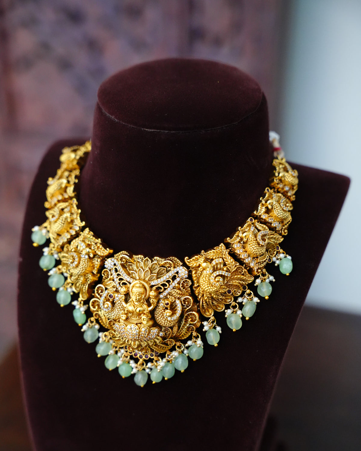 Antique Lakshmi Choker Necklace with Green Bead Drops