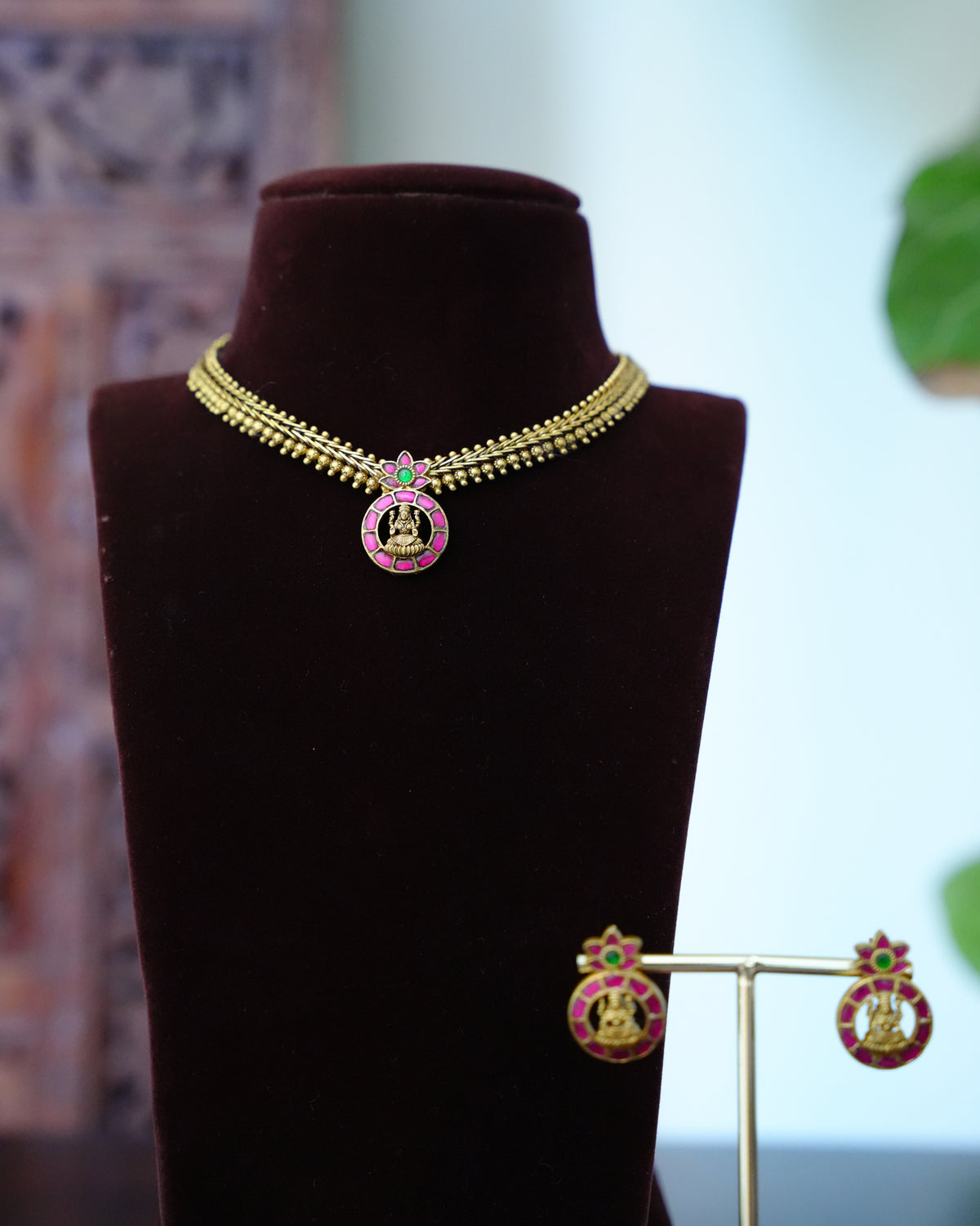 Ruby Kundan Lakshmi Pendant Gold Bead Necklace Set with Earrings