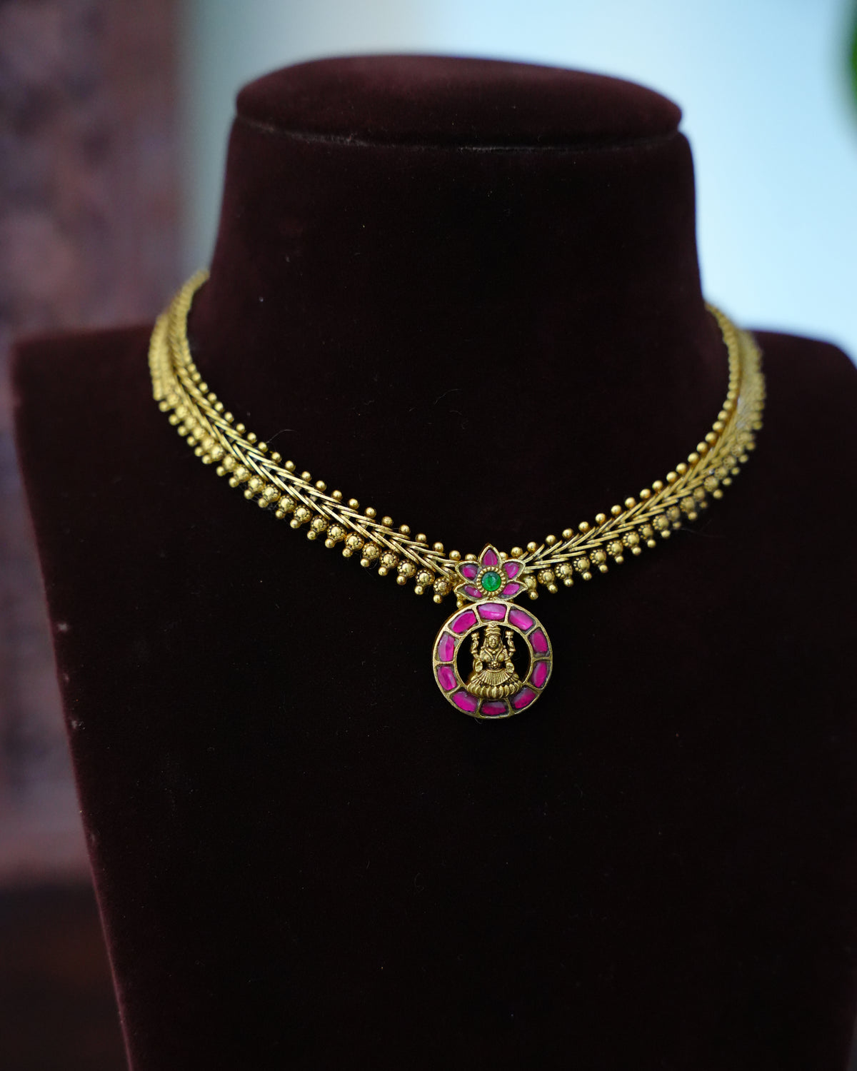 Ruby Kundan Lakshmi Pendant Gold Bead Necklace Set with Earrings