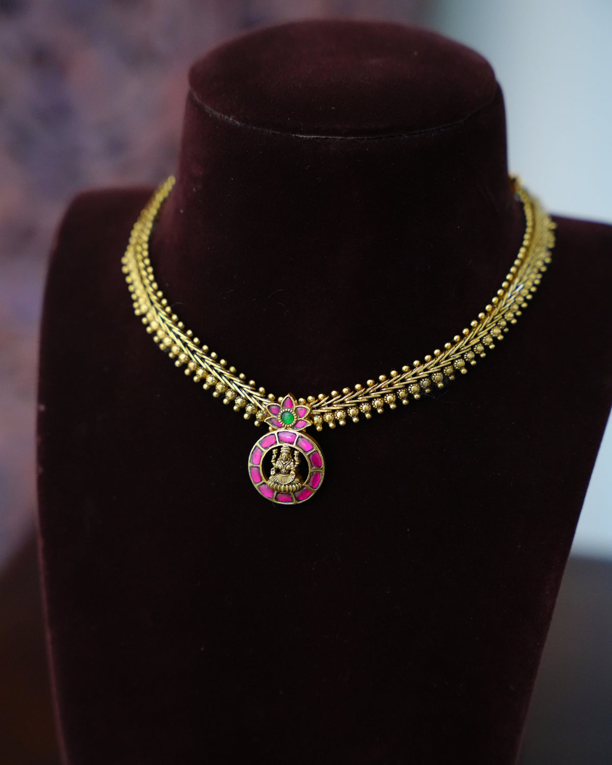 Ruby Kundan Lakshmi Pendant Gold Bead Necklace Set with Earrings