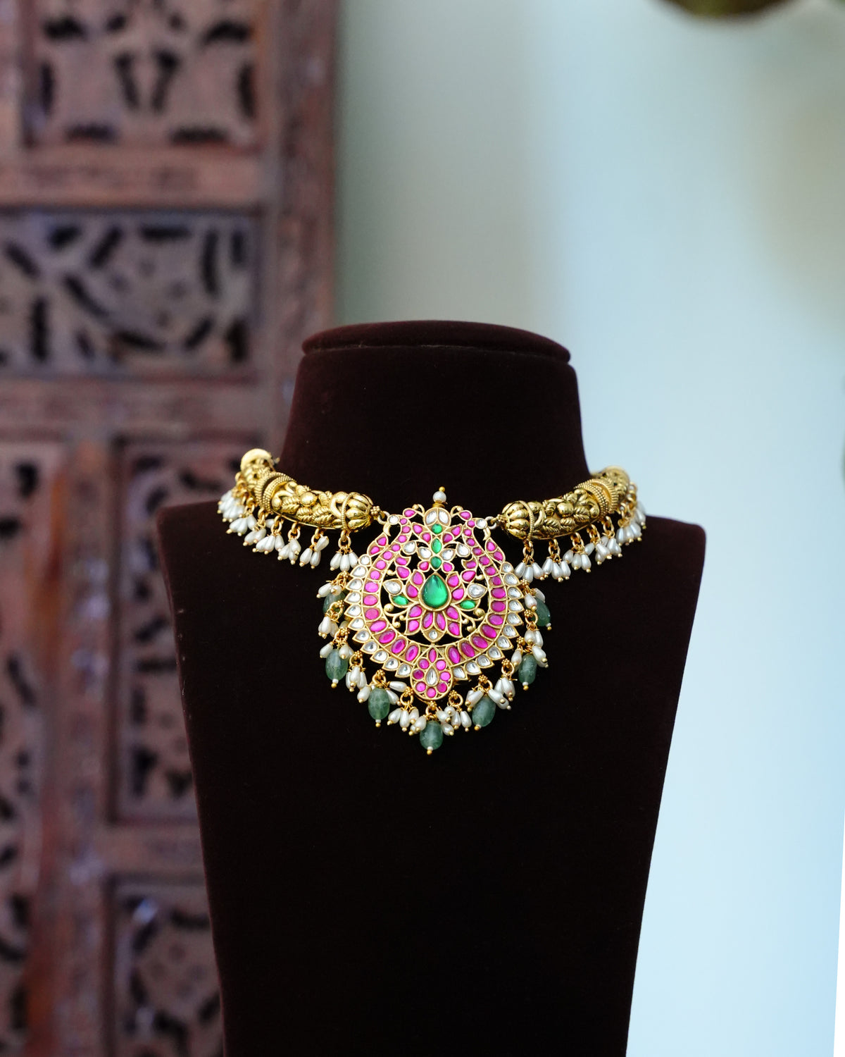 Ruby Kundan Nakshi Choker Set with Pearl & Green Bead Drops & Earrings