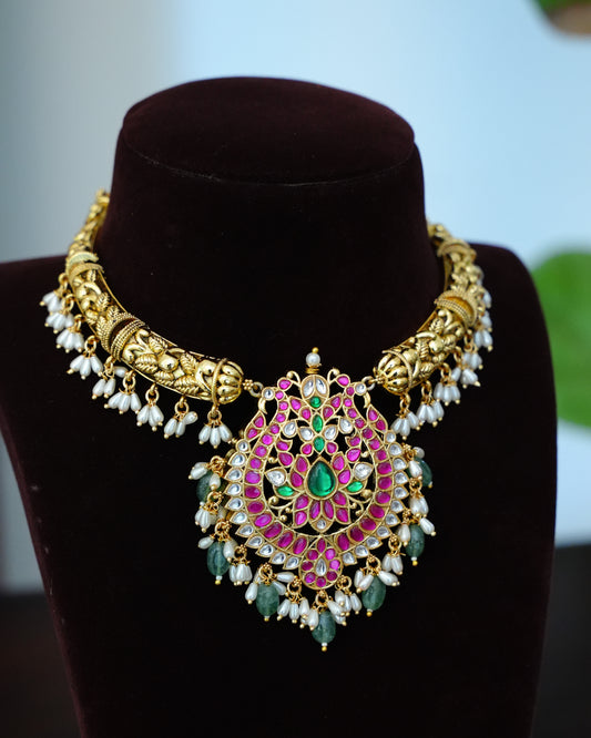 Ruby Kundan Nakshi Choker Set with Pearl & Green Bead Drops & Earrings