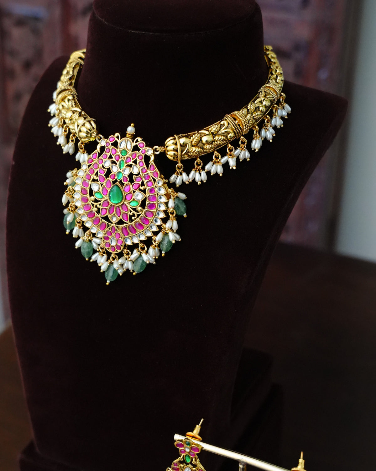 Ruby Kundan Nakshi Choker Set with Pearl & Green Bead Drops & Earrings