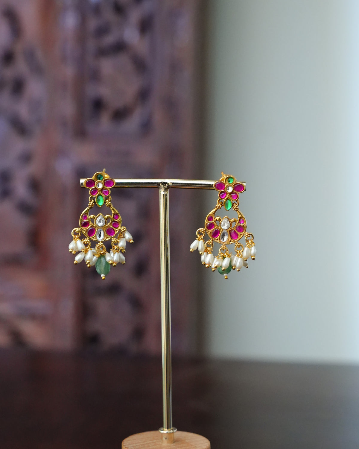 Ruby Kundan Nakshi Choker Set with Pearl & Green Bead Drops & Earrings