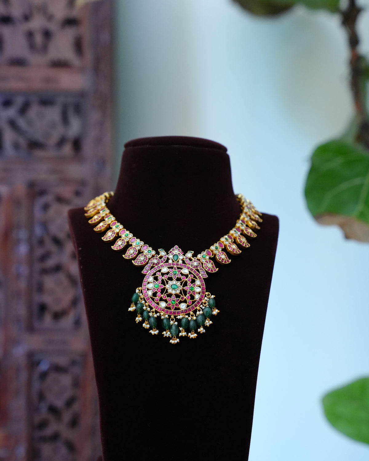 Ruby & Green Kundan Mango Necklace with Round Pendant & Green Bead Drops