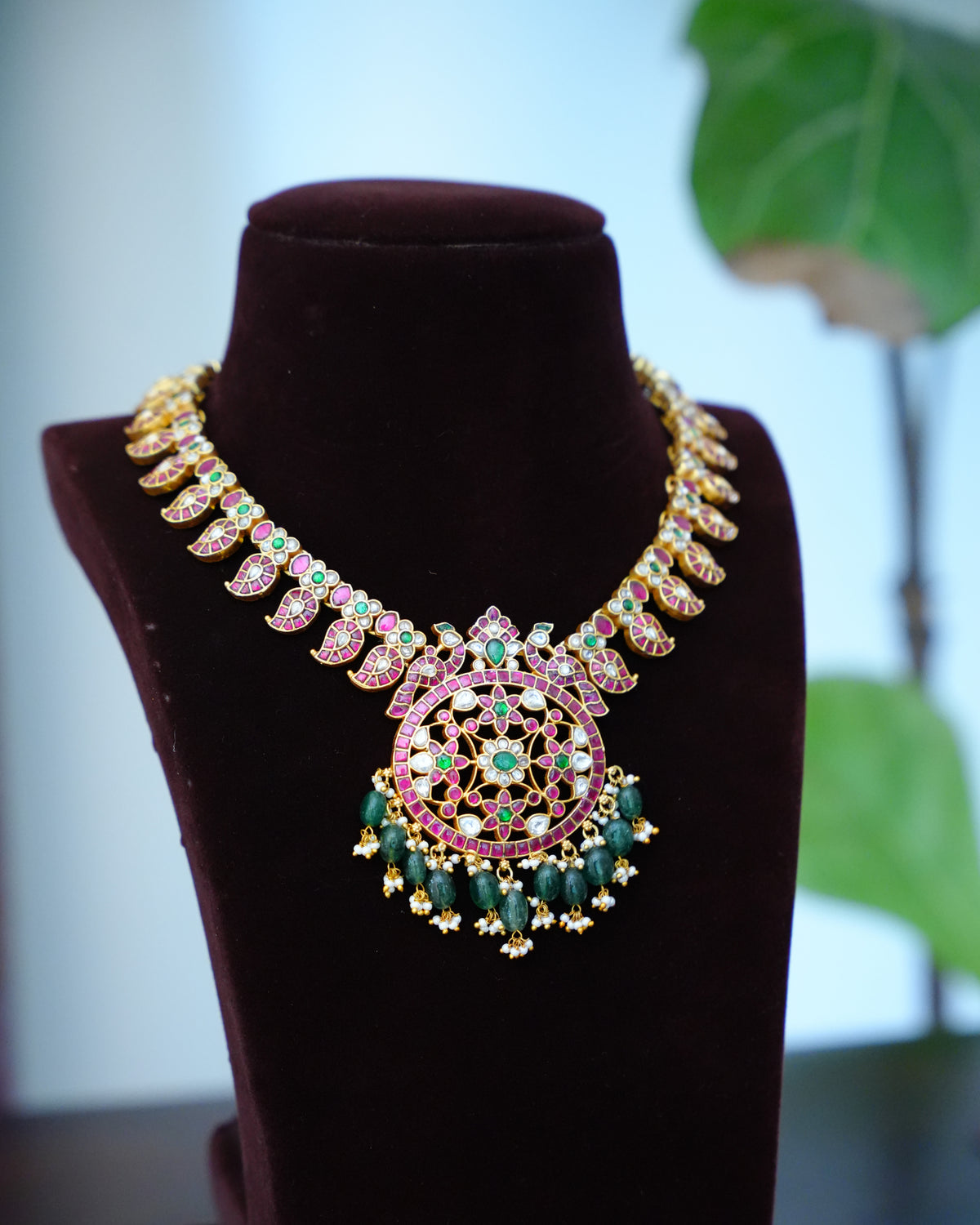 Ruby & Green Kundan Mango Necklace with Round Pendant & Green Bead Drops