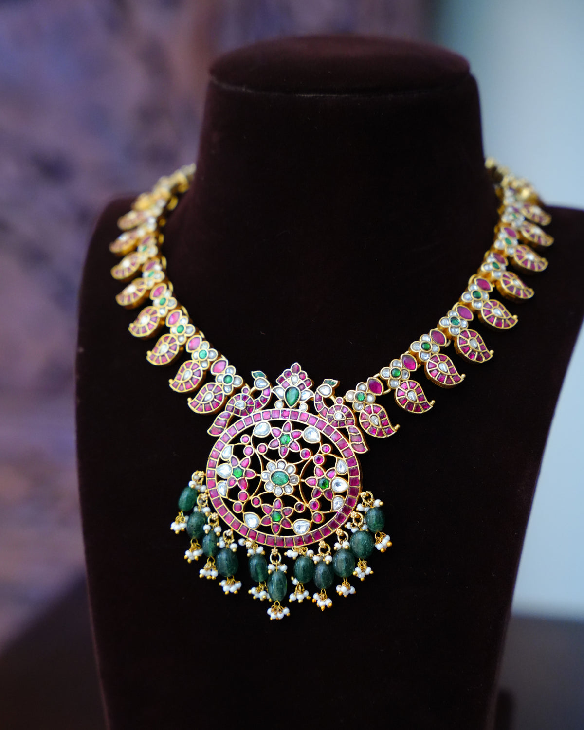 Ruby & Green Kundan Mango Necklace with Round Pendant & Green Bead Drops