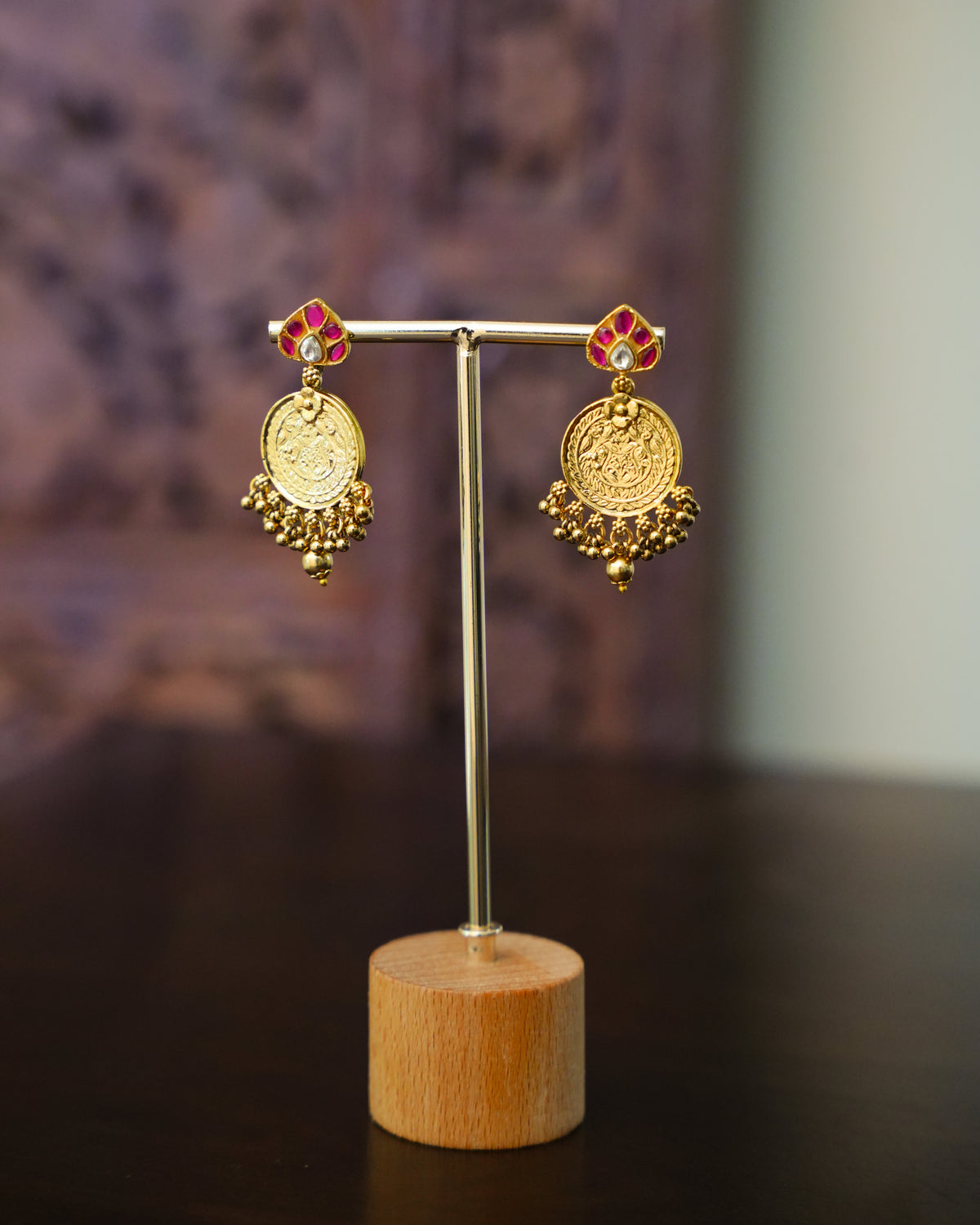 Ruby & Green Kundan Mango Kasu Necklace Set with Coin Earrings