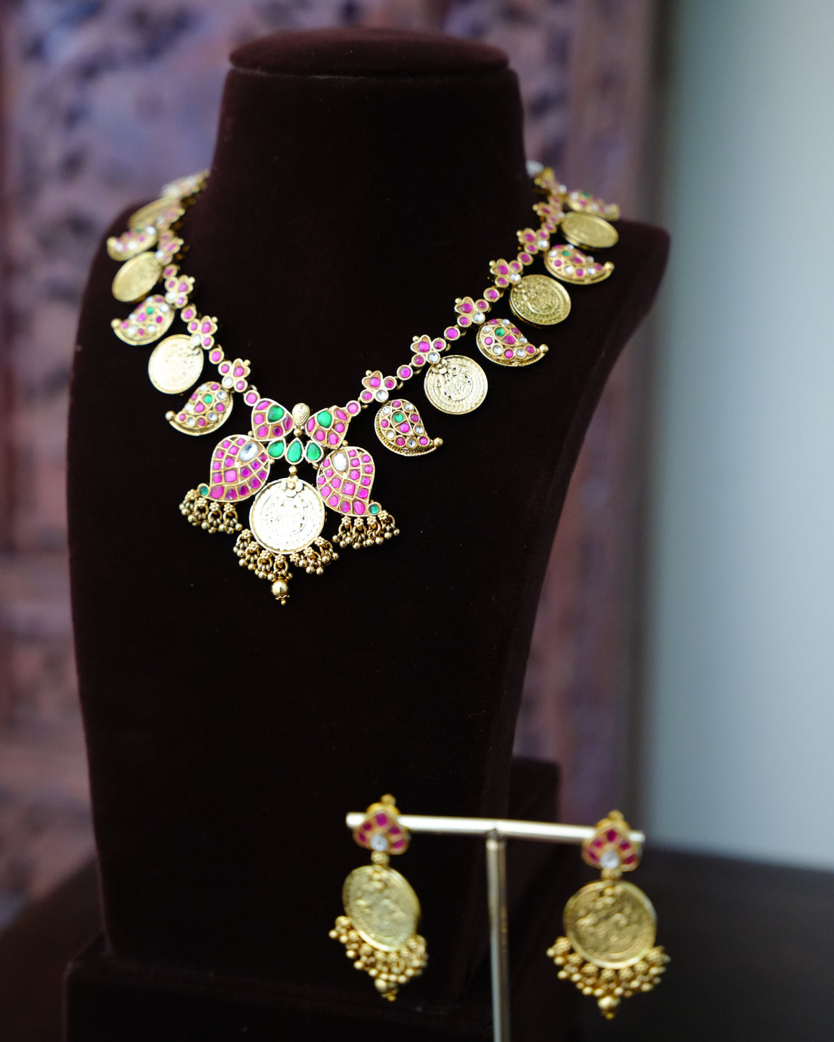 Ruby & Green Kundan Mango Kasu Necklace Set with Coin Earrings
