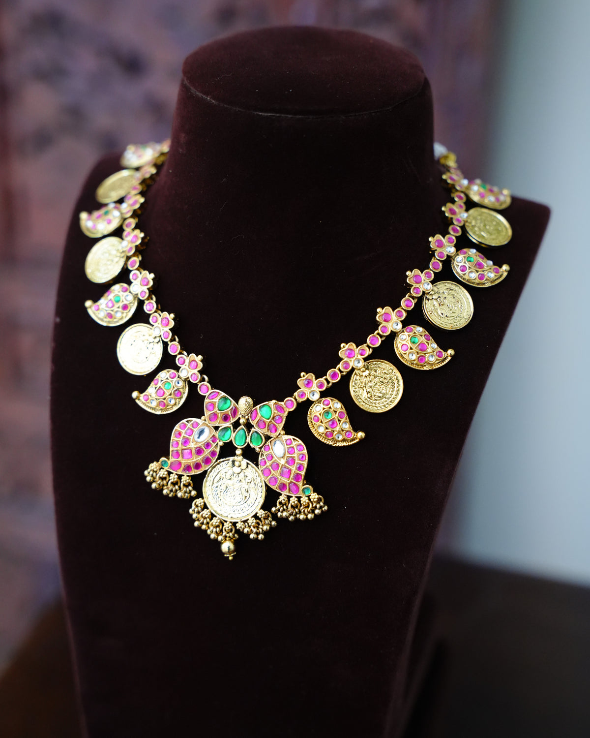Ruby & Green Kundan Mango Kasu Necklace Set with Coin Earrings