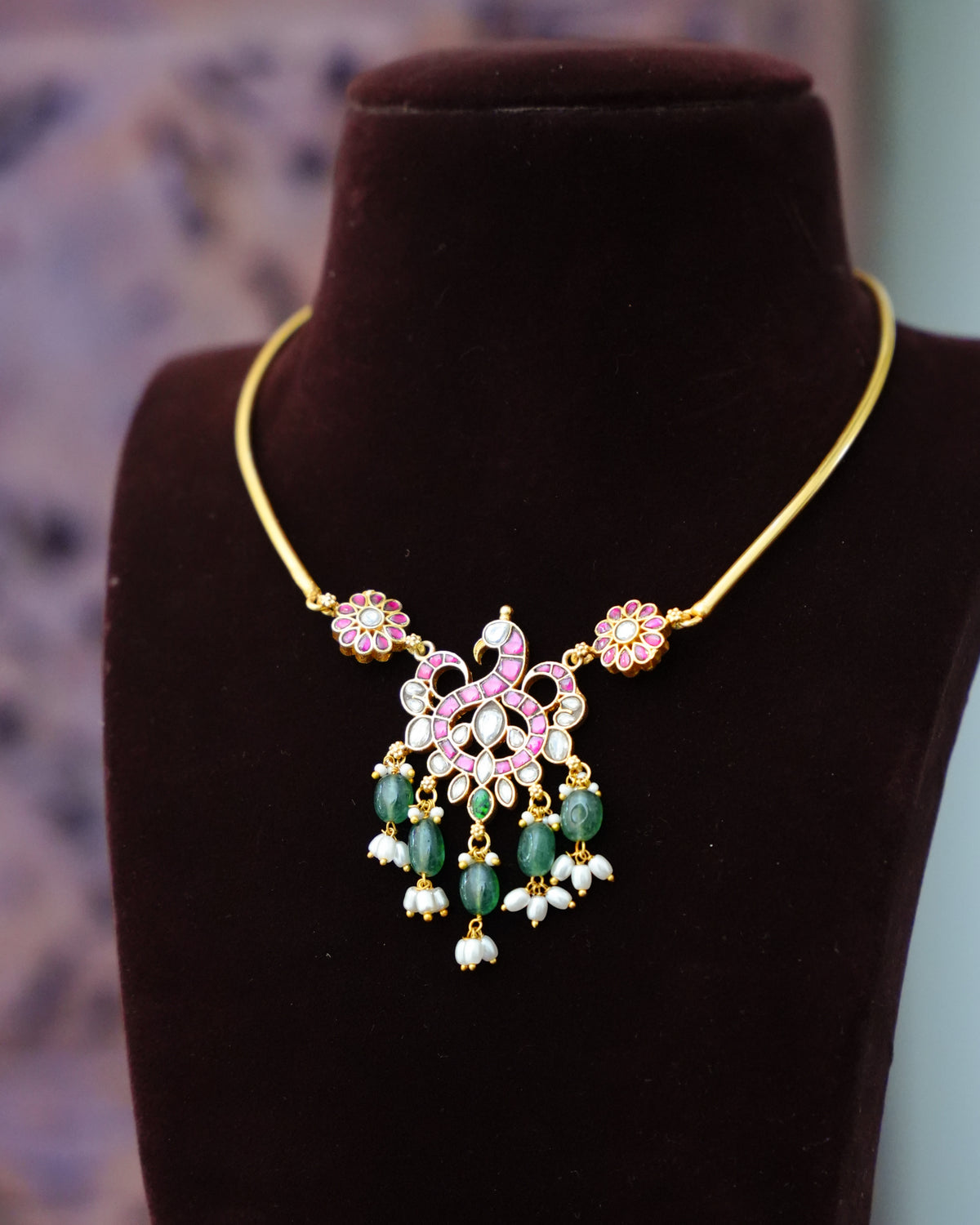 Ruby & White Kundan Peacock Pendant Necklace with Green Bead & Pearl Drops