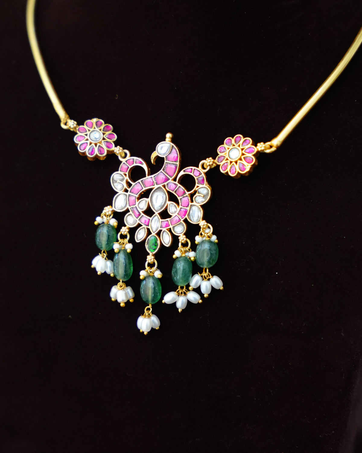 Ruby & White Kundan Peacock Pendant Necklace with Green Bead & Pearl Drops