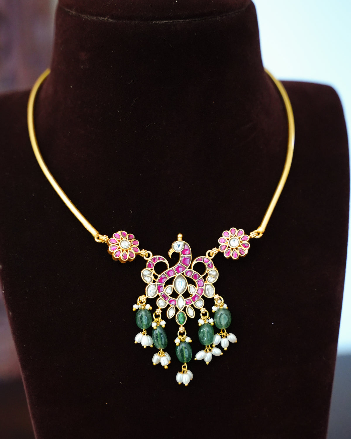 Ruby & White Kundan Peacock Pendant Necklace with Green Bead & Pearl Drops