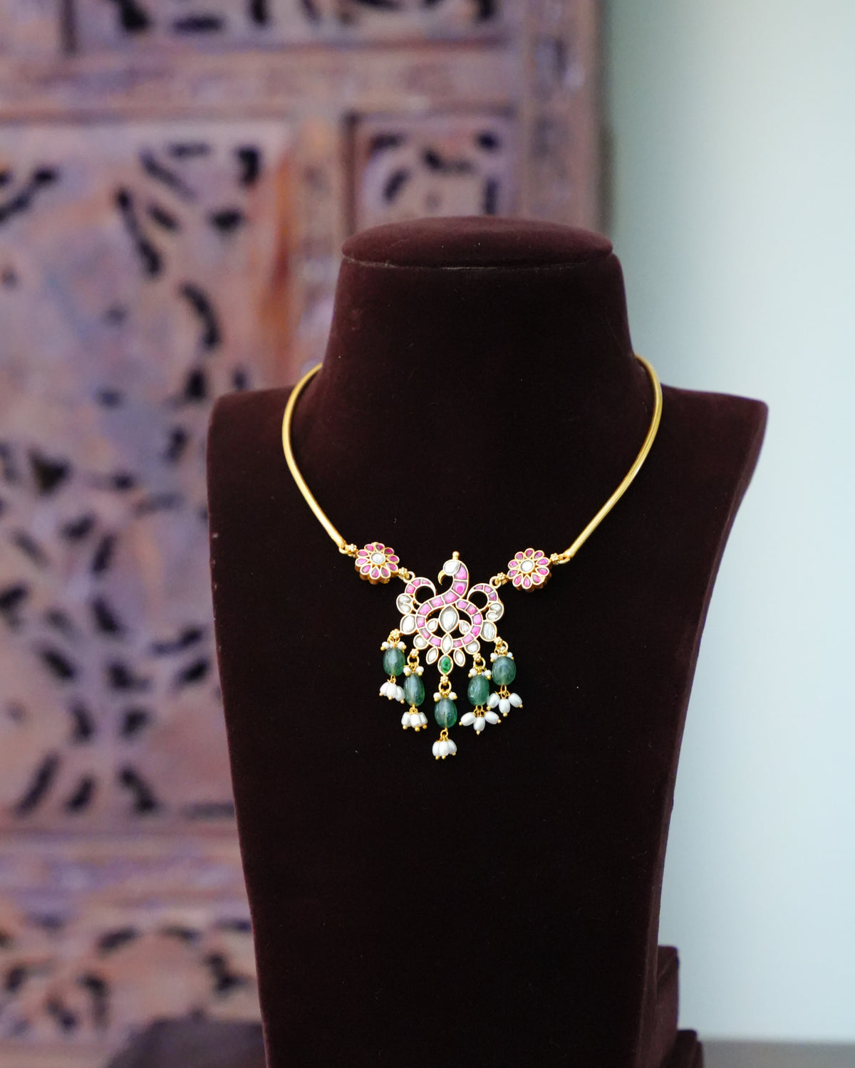 Ruby & White Kundan Peacock Pendant Necklace with Green Bead & Pearl Drops