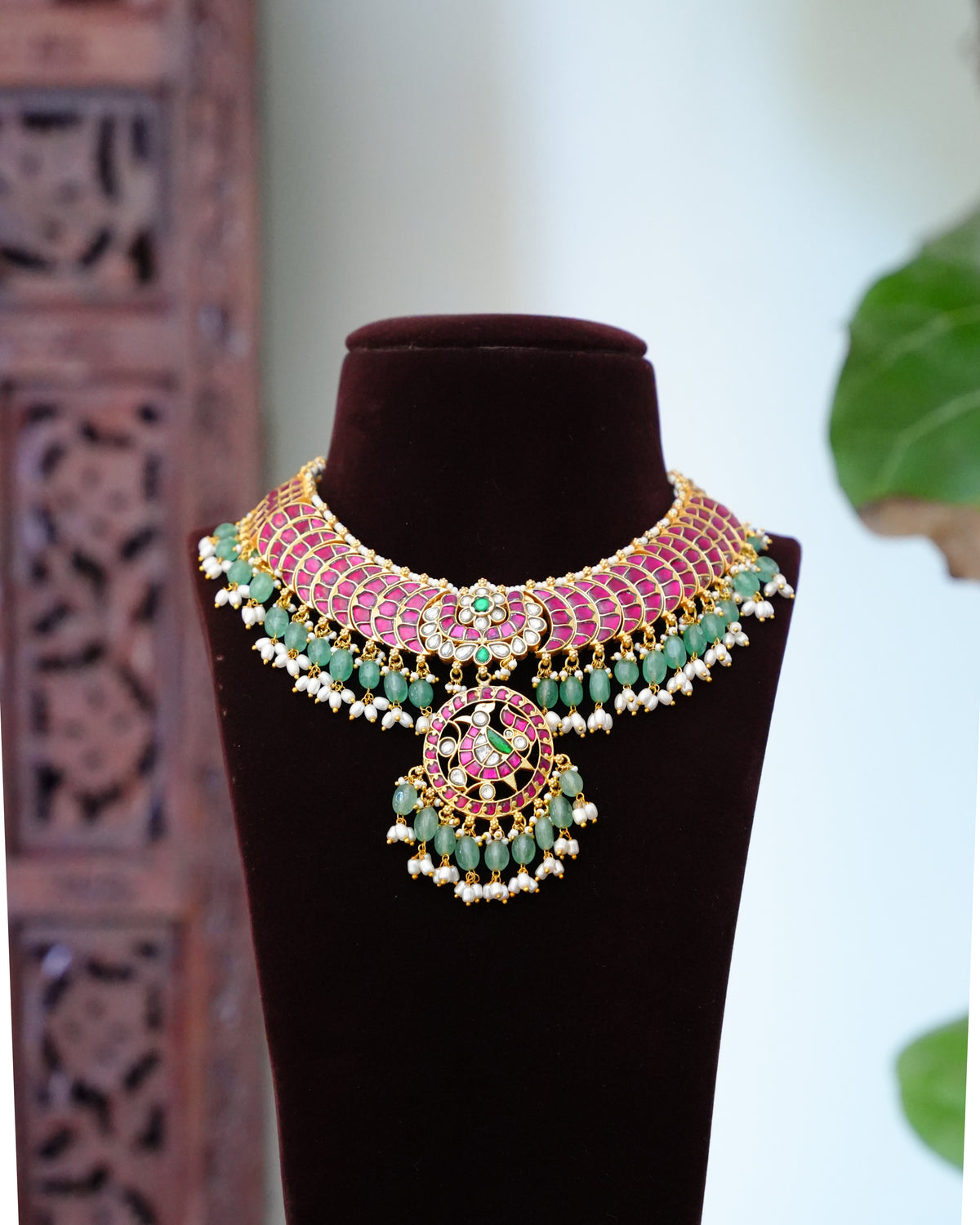 Ruby Kundan Bridal Choker with Green Bead Layer & Pearl Drop Pendant