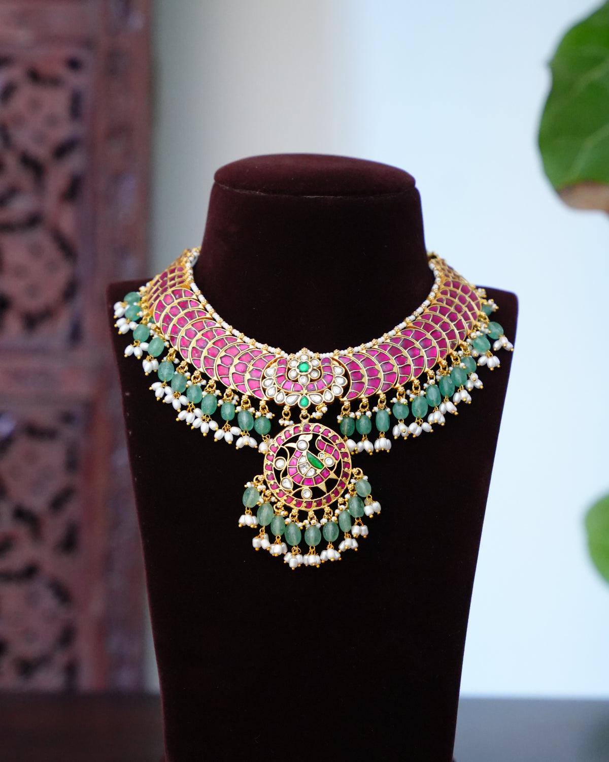 Ruby Kundan Bridal Choker with Green Bead Layer & Pearl Drop Pendant