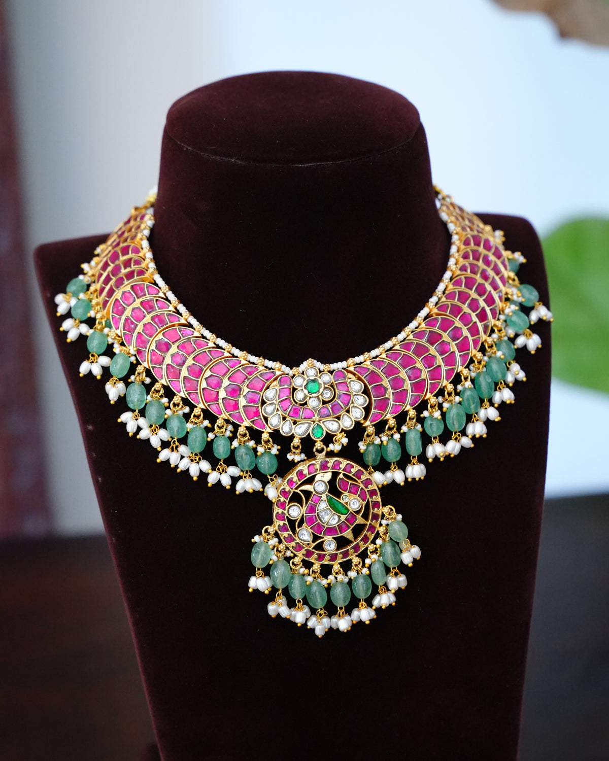 Ruby Kundan Bridal Choker with Green Bead Layer & Pearl Drop Pendant