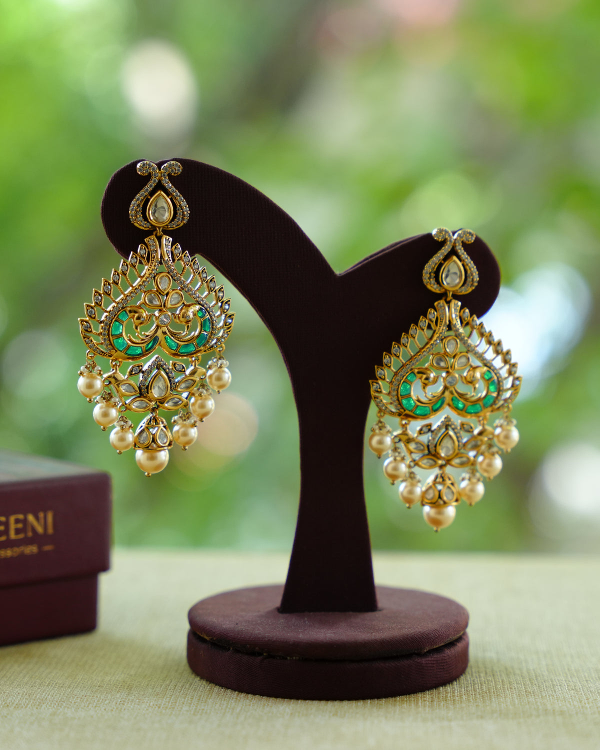 Green Peacock Kundan Drop Earrings with Pearl Clusters