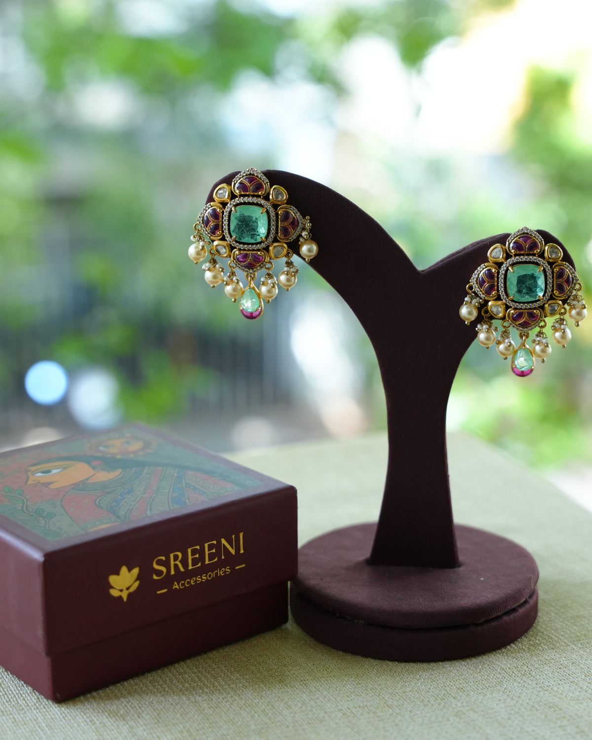 Green & Ruby Kundan Statement Earrings with Pearl Drops