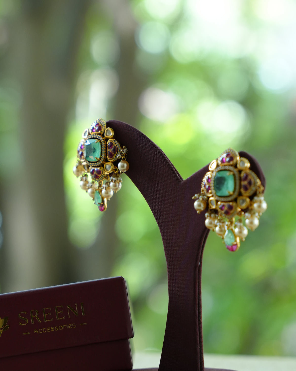 Green & Ruby Kundan Statement Earrings with Pearl Drops
