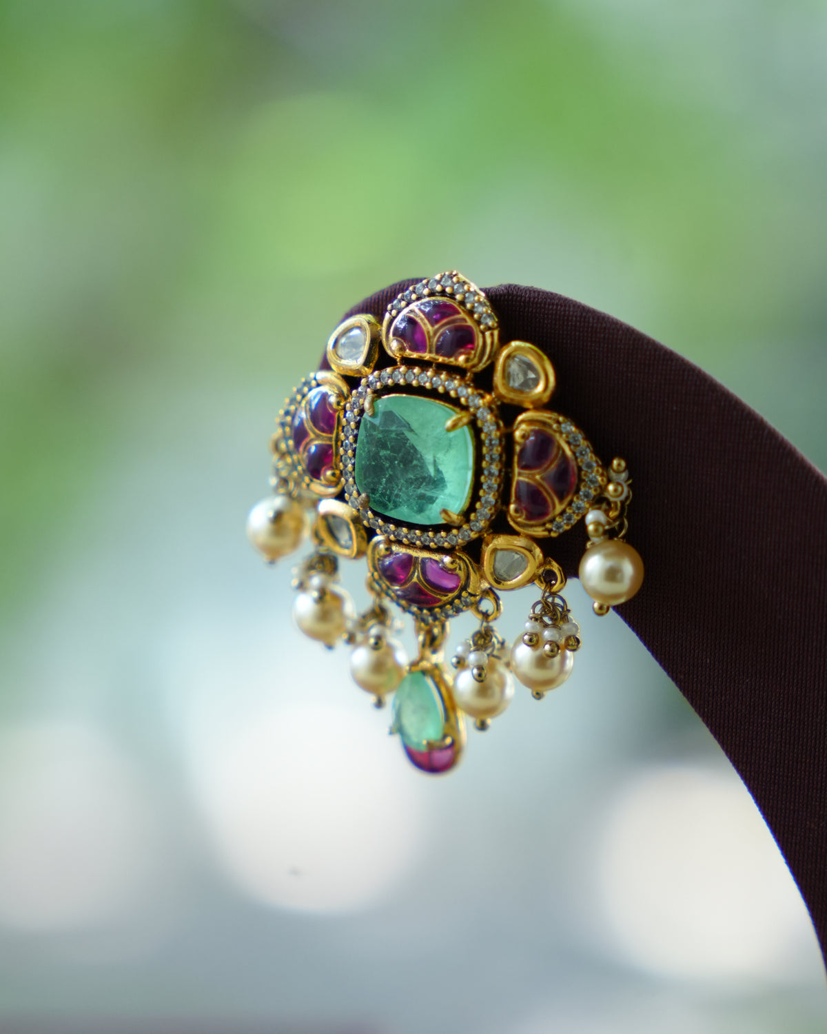Green & Ruby Kundan Statement Earrings with Pearl Drops