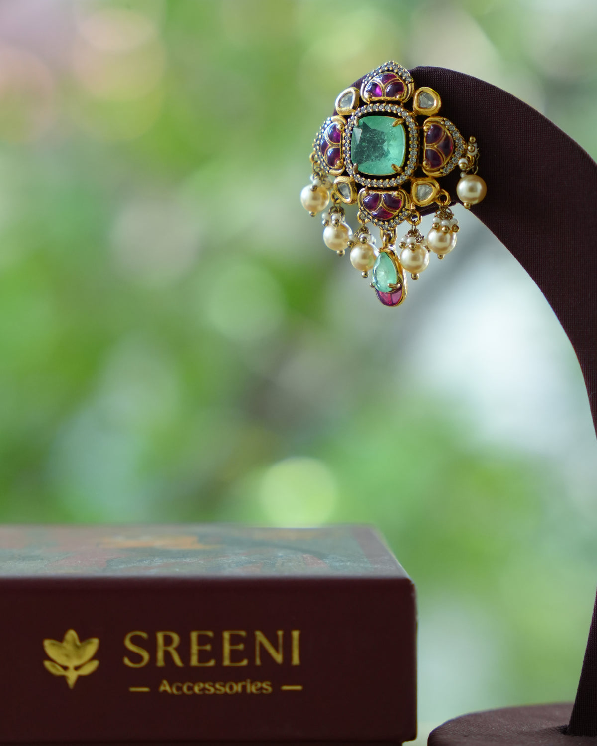 Green & Ruby Kundan Statement Earrings with Pearl Drops