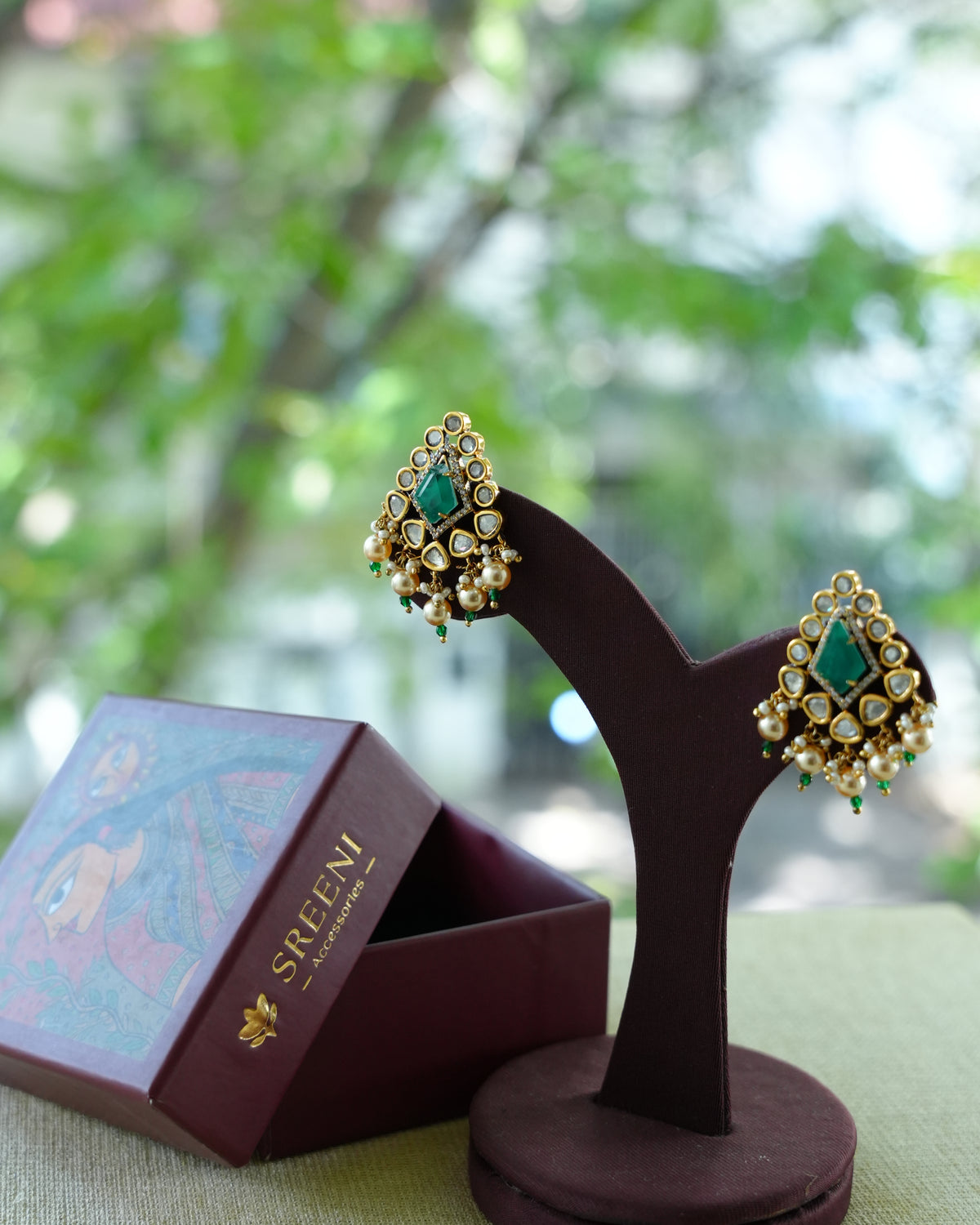 Green Stone Kundan Floral Stud Earrings