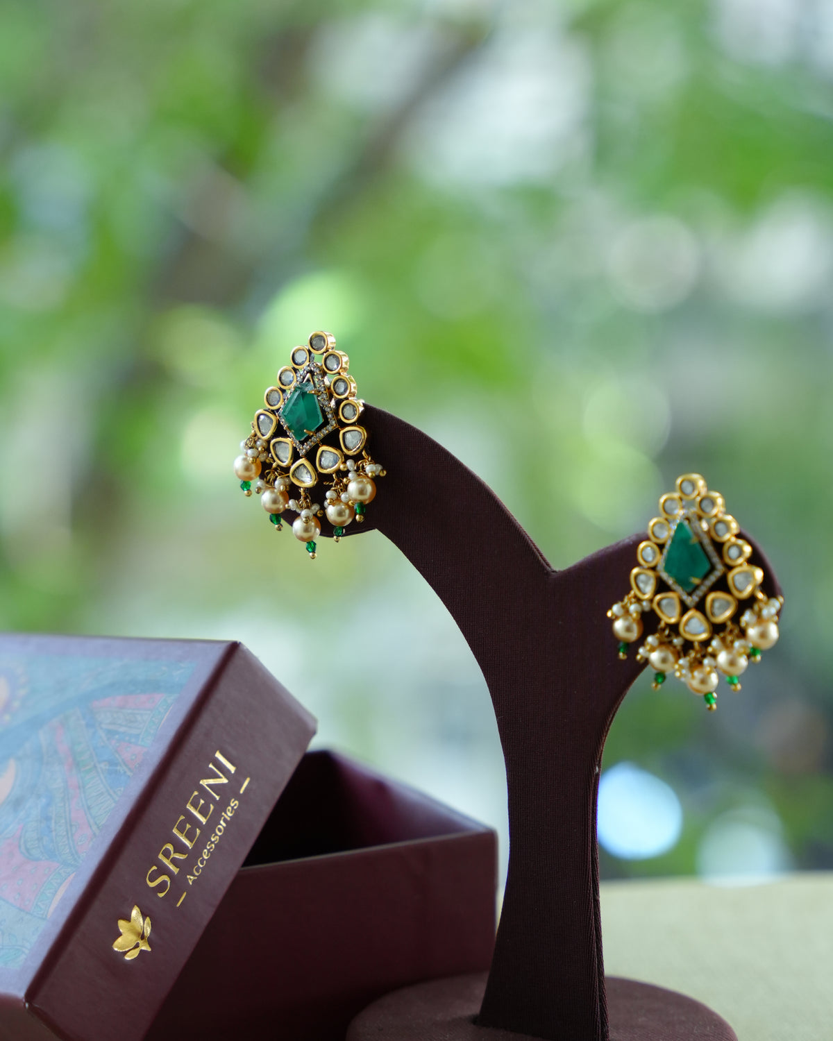 Green Stone Kundan Floral Stud Earrings