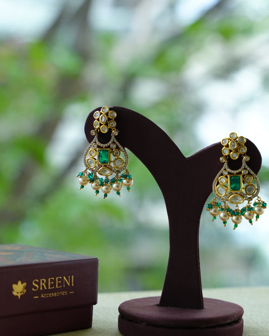 Green Stone Kundan Chandbali Earrings with Green Bead Drops