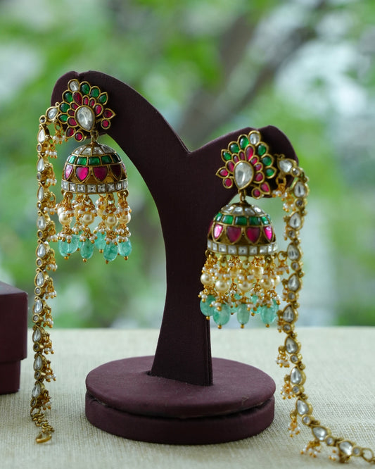 Multicolour Kundan Floral Earrings with Ear Chain