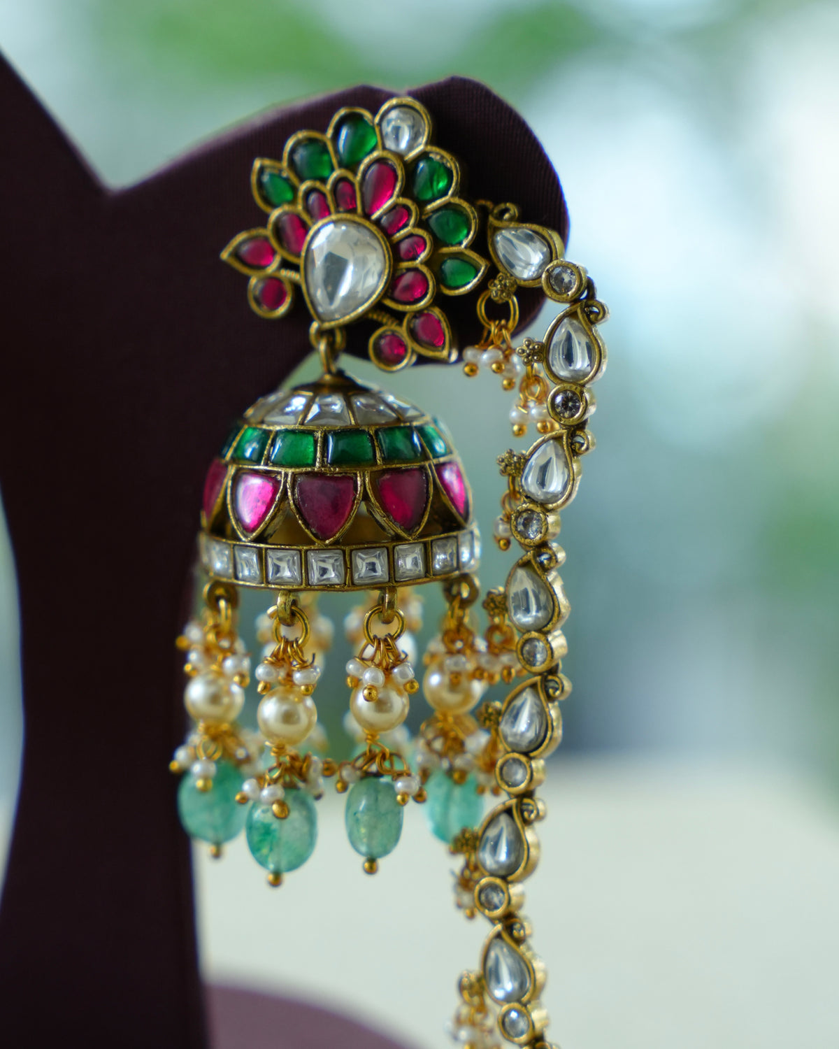 Multicolour Kundan Floral Earrings with Ear Chain