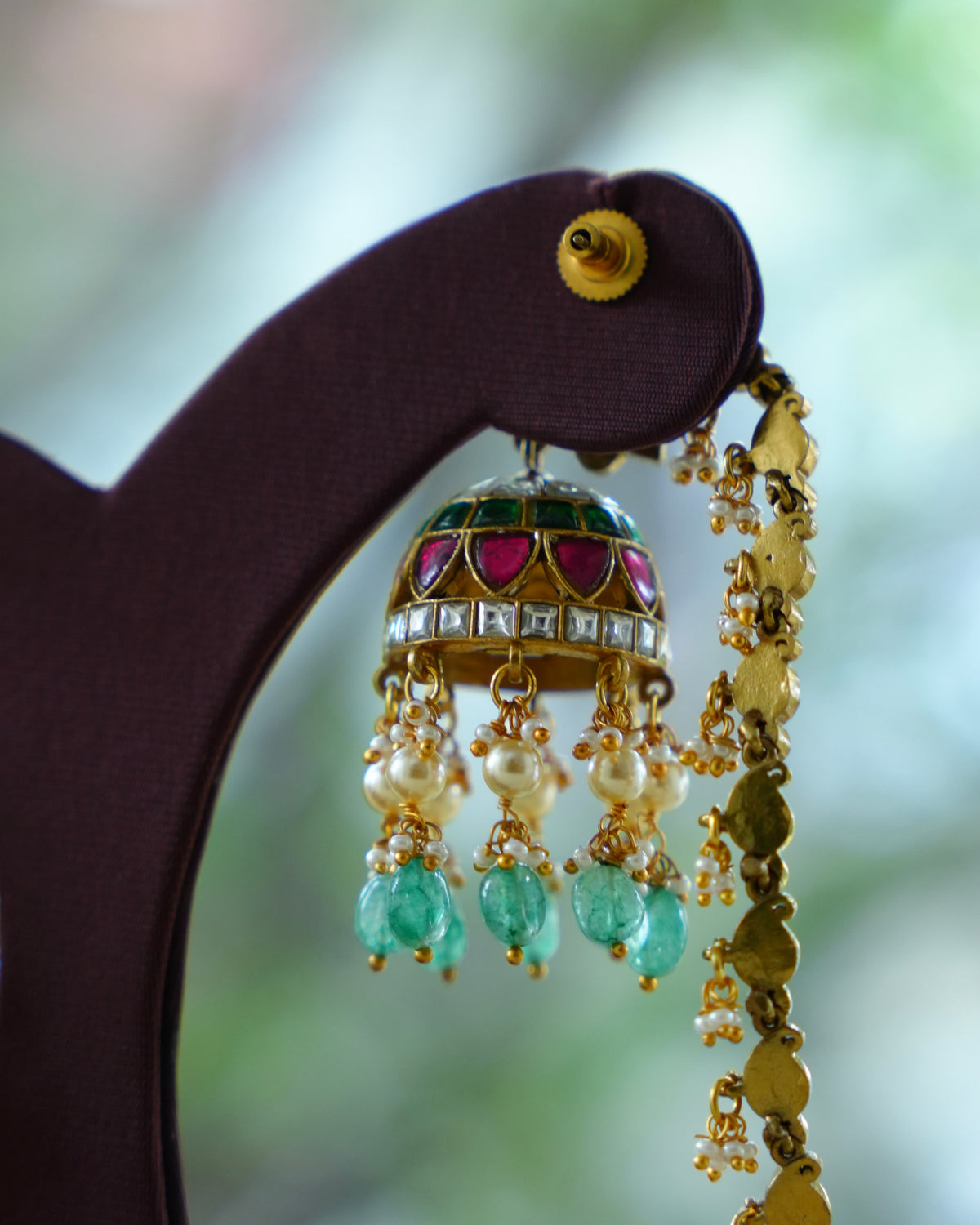 Multicolour Kundan Floral Earrings with Ear Chain
