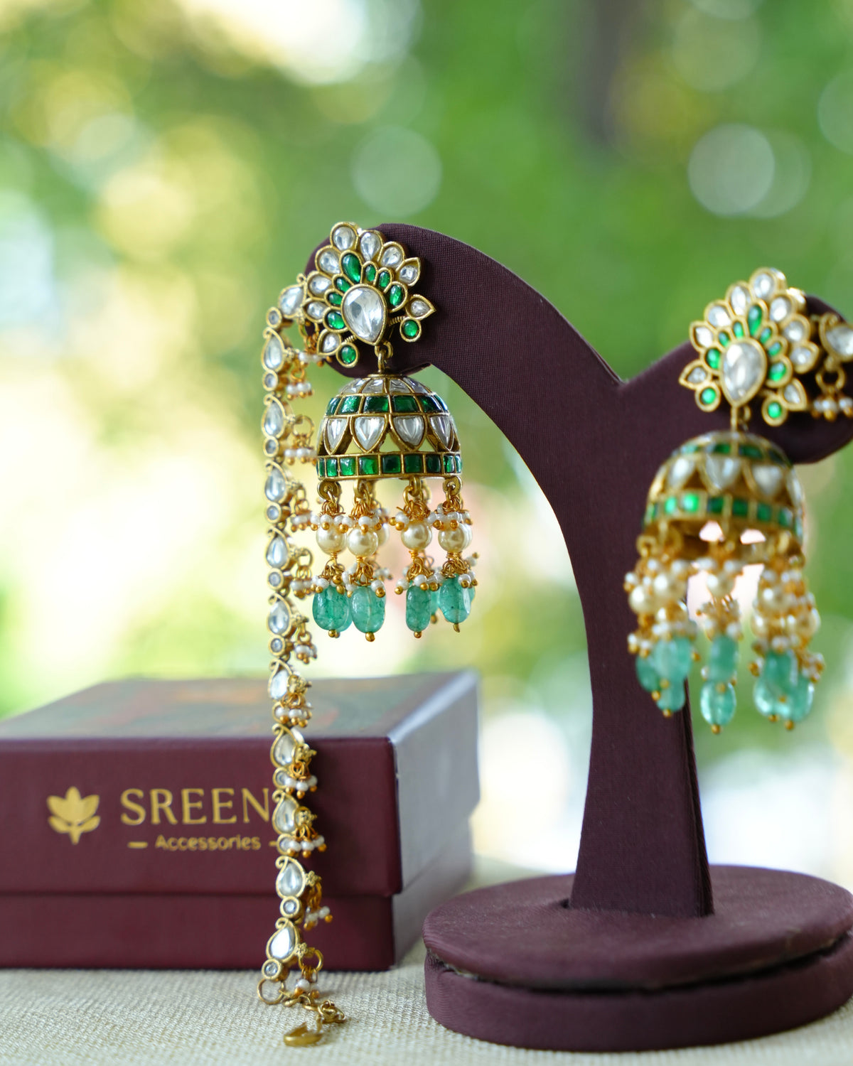 Green Kundan Floral Earrings with Ear Chain