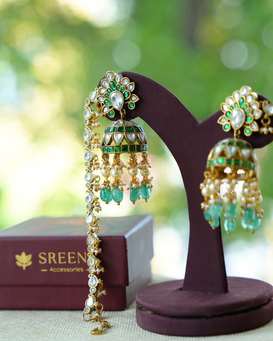 Green Kundan Floral Earrings with Ear Chain