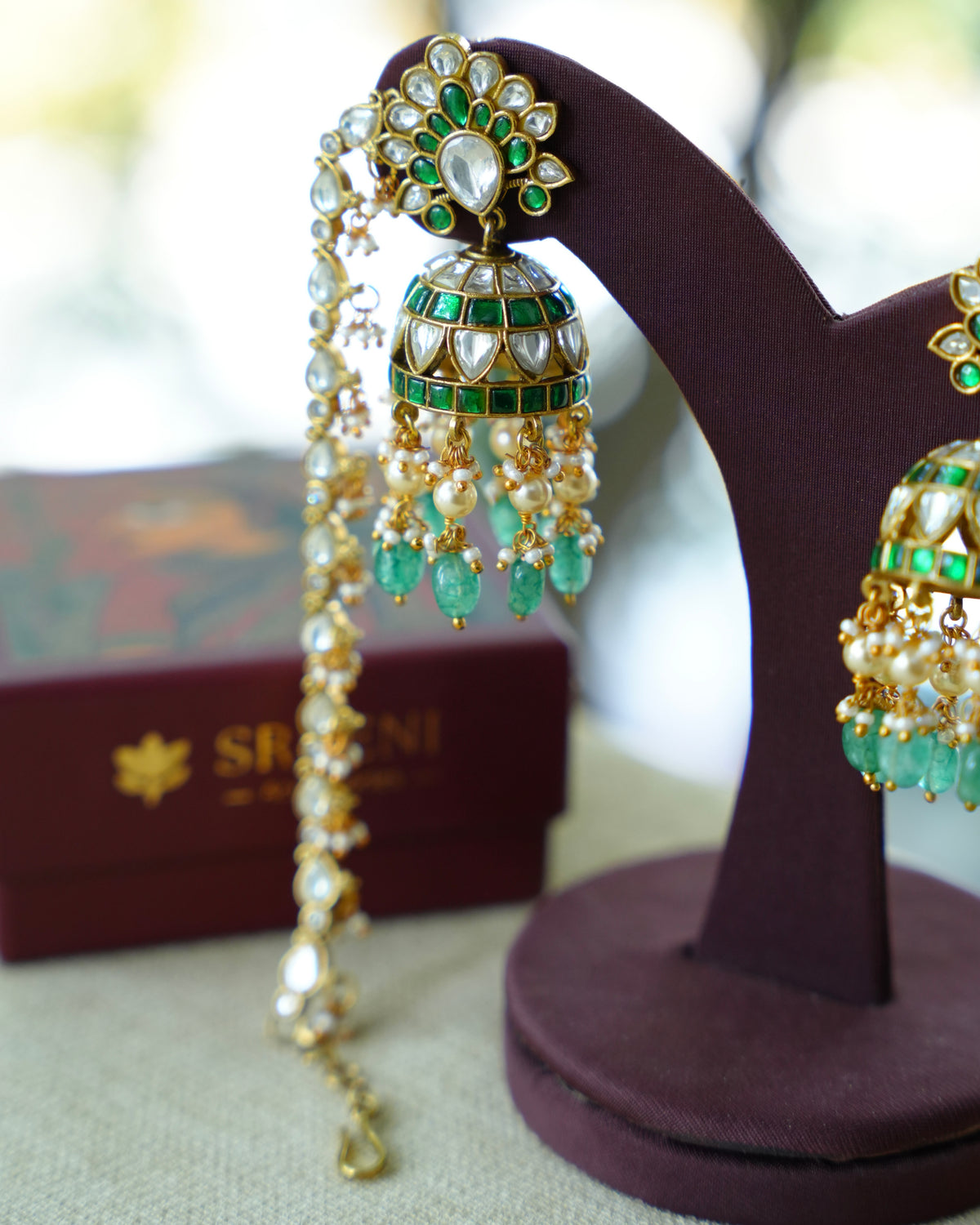 Green Kundan Floral Earrings with Ear Chain