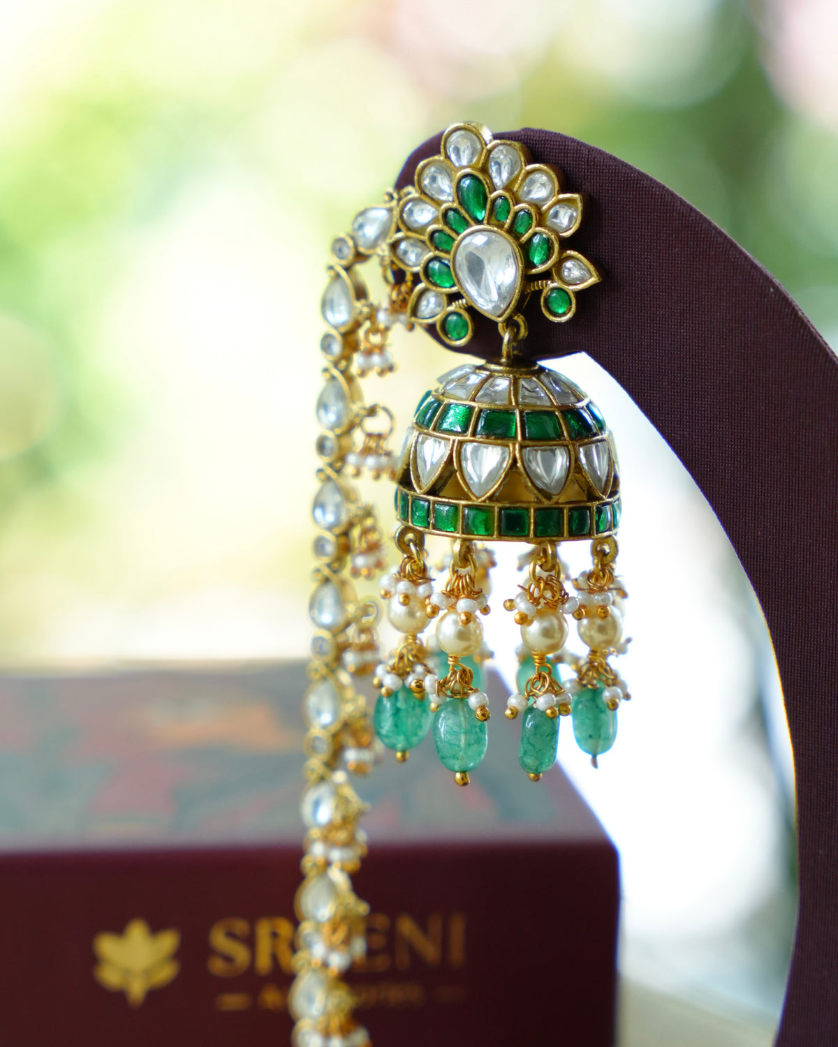 Green Kundan Floral Earrings with Ear Chain