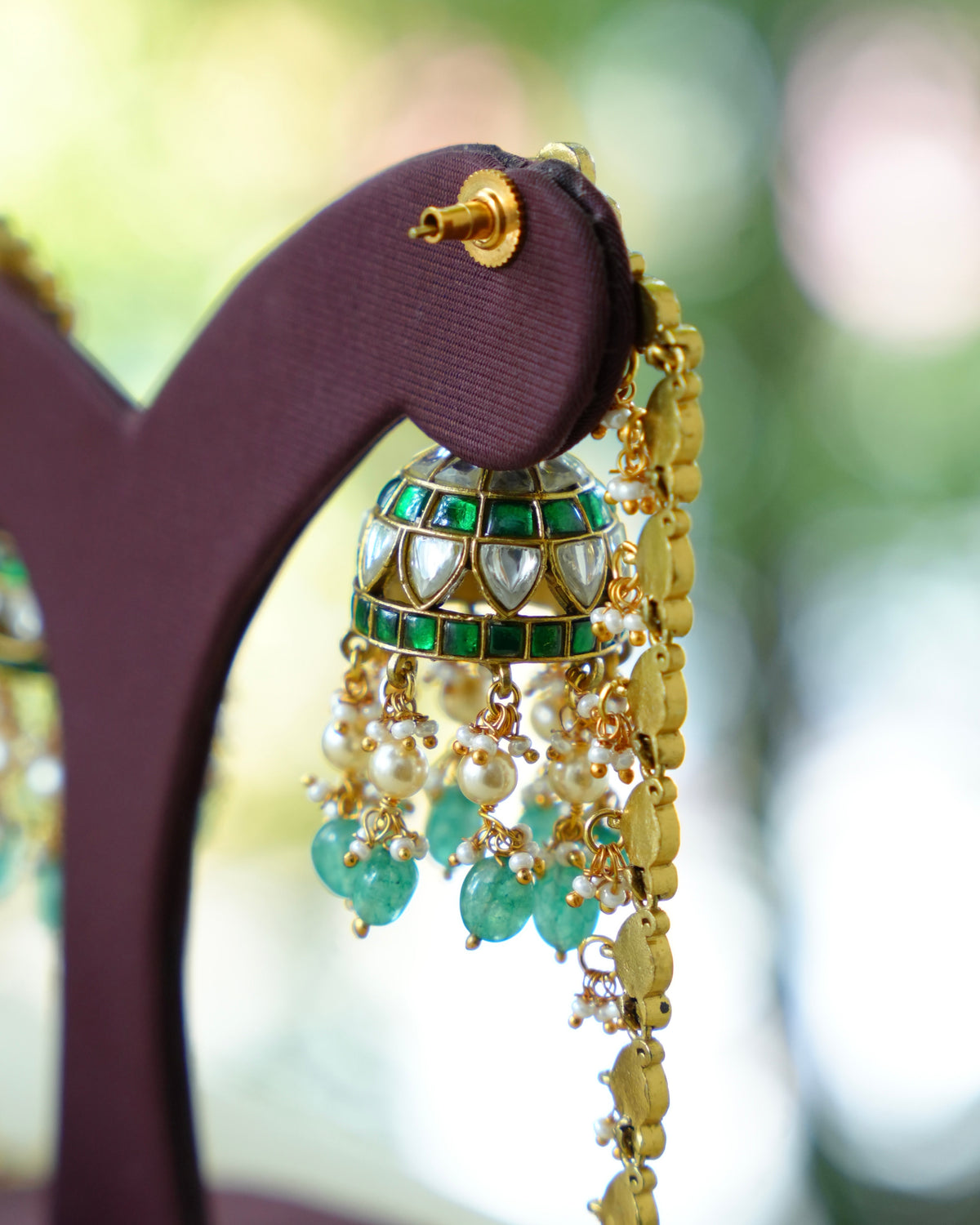 Green Kundan Floral Earrings with Ear Chain