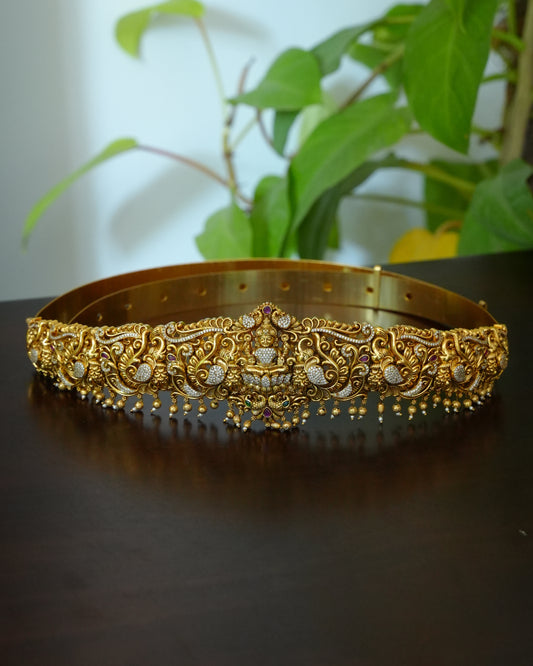 Antique Lakshmi Peacock Hipbelt with Gold Bead Drops
