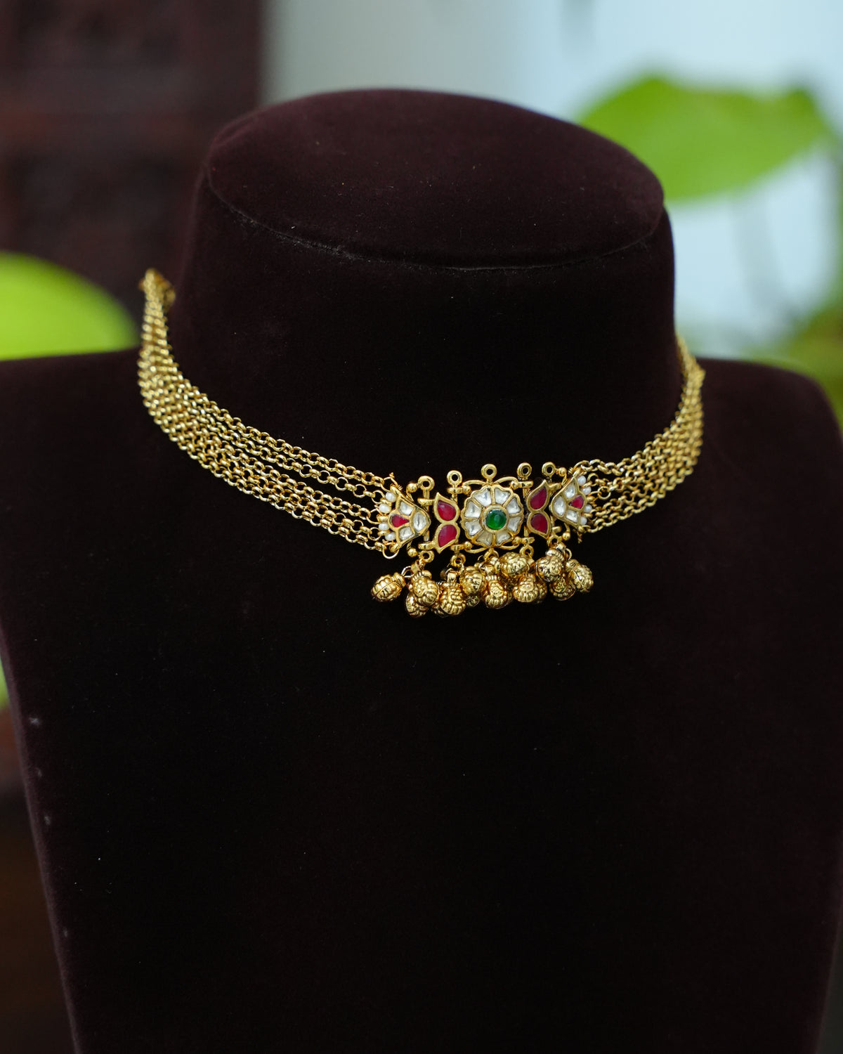 Multi-Strand Gold Chain Kundan Choker Set with Earrings