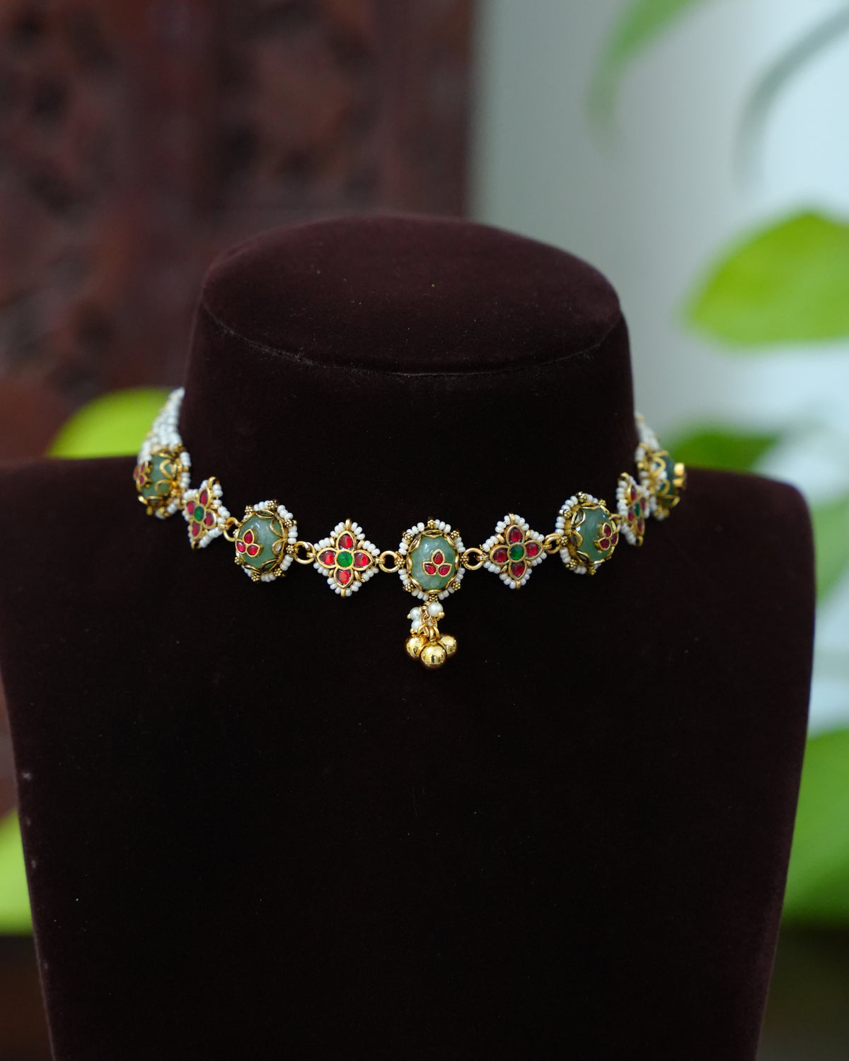 Green & Ruby Kundan Floral Choker Set with Jhumka Earrings