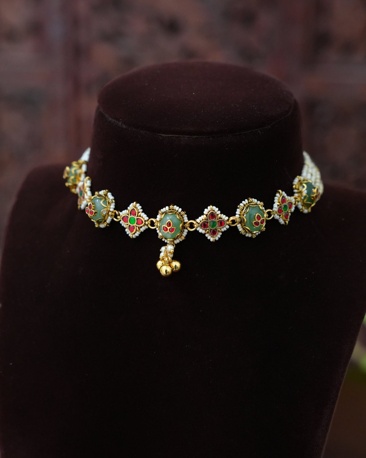 Green & Ruby Kundan Floral Choker Set with Jhumka Earrings