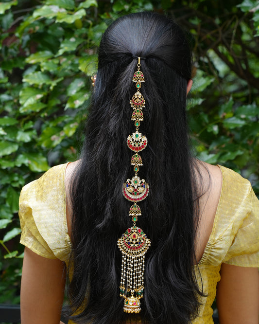 Ruby Crescent Kundan Long Hair Accessory with Pearl Jhumka Tassel
