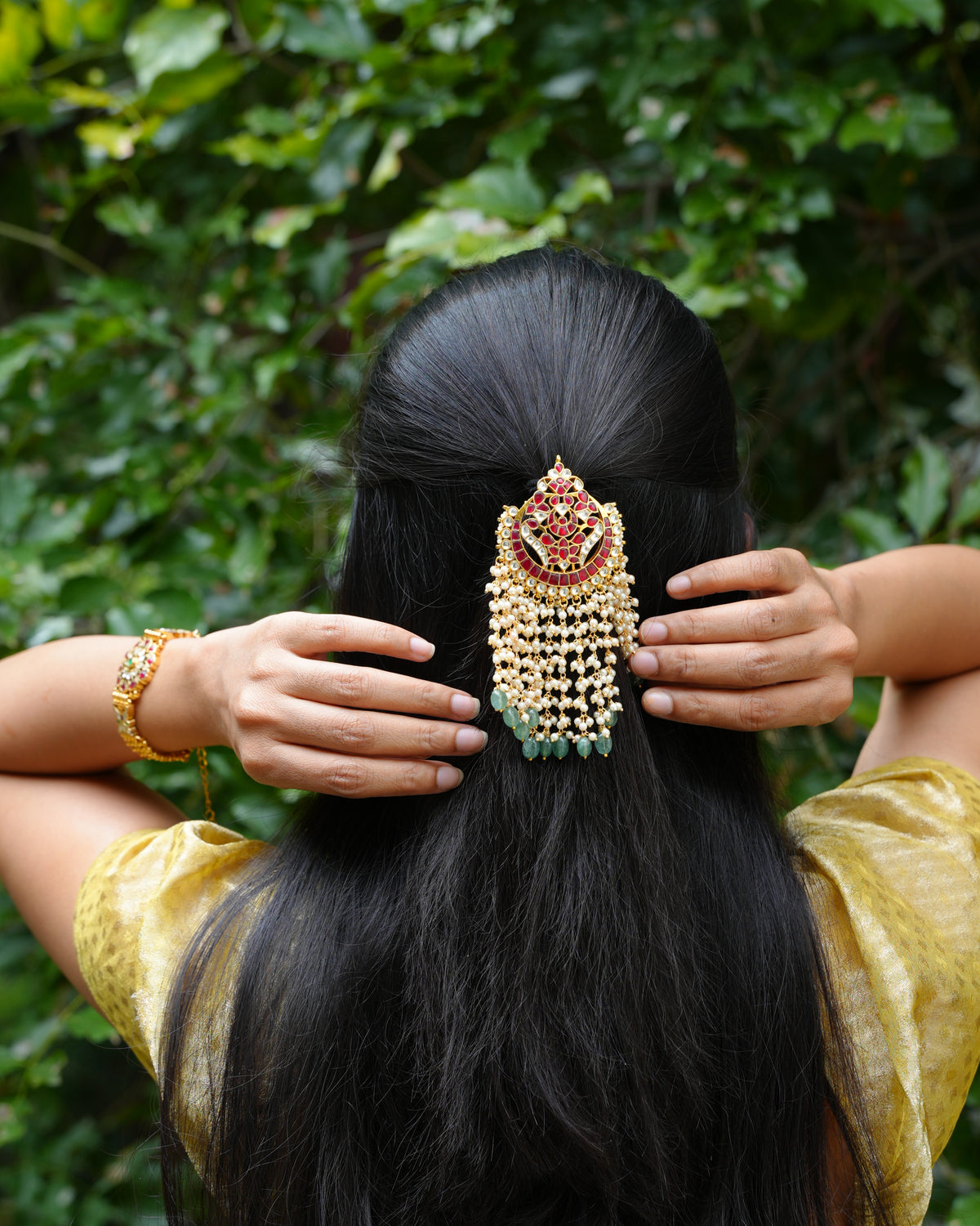 Ruby Kundan Hair Pendant with Pearl Strands & Green Beads