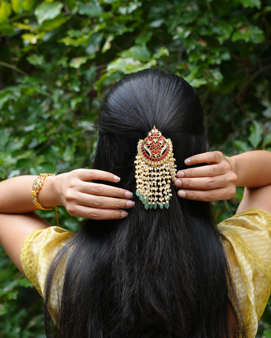 Ruby Kundan Hair Pendant with Pearl Strands & Green Beads