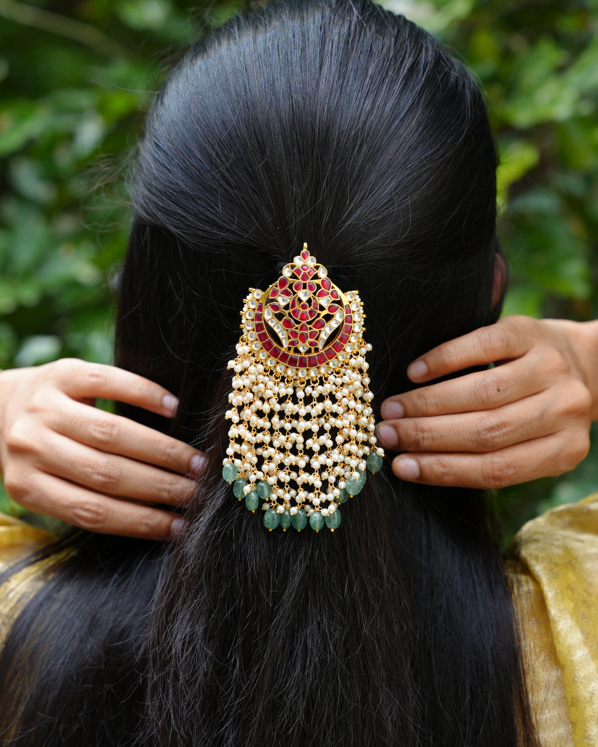 Ruby Kundan Hair Pendant with Pearl Strands & Green Beads