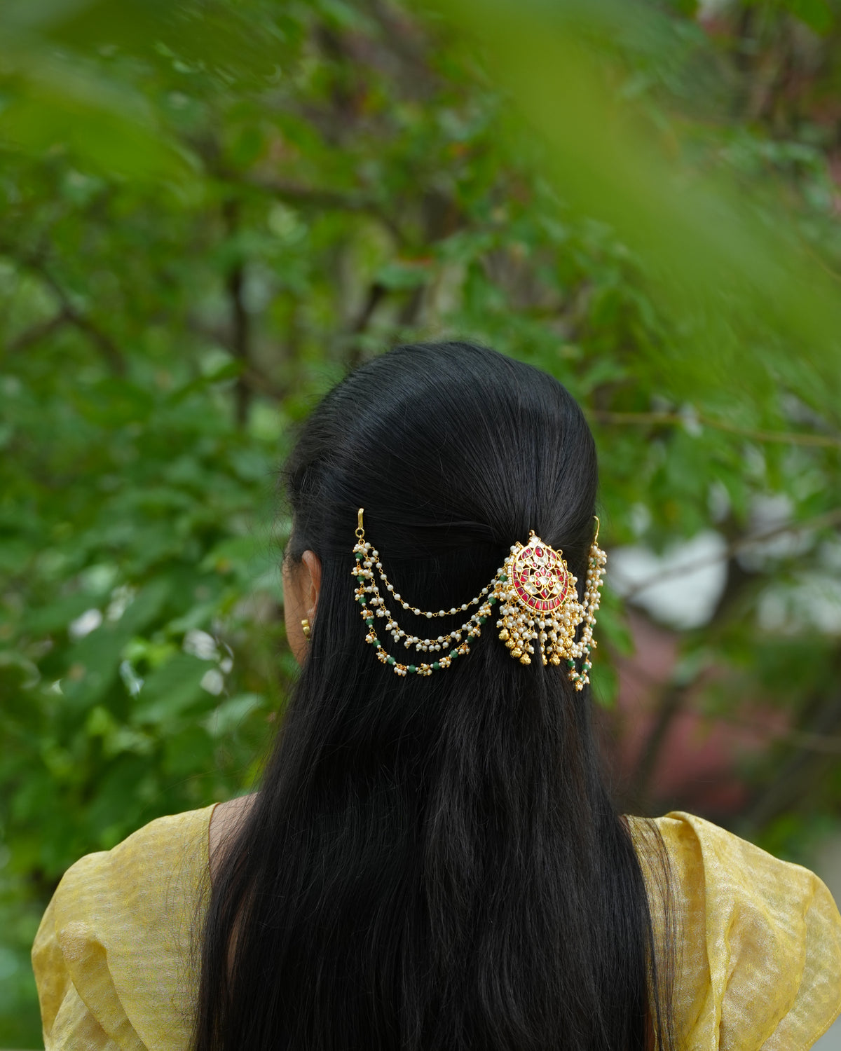 Ruby Kundan Hair Accessory with Pearl Side Chains & Gold Bead Drops