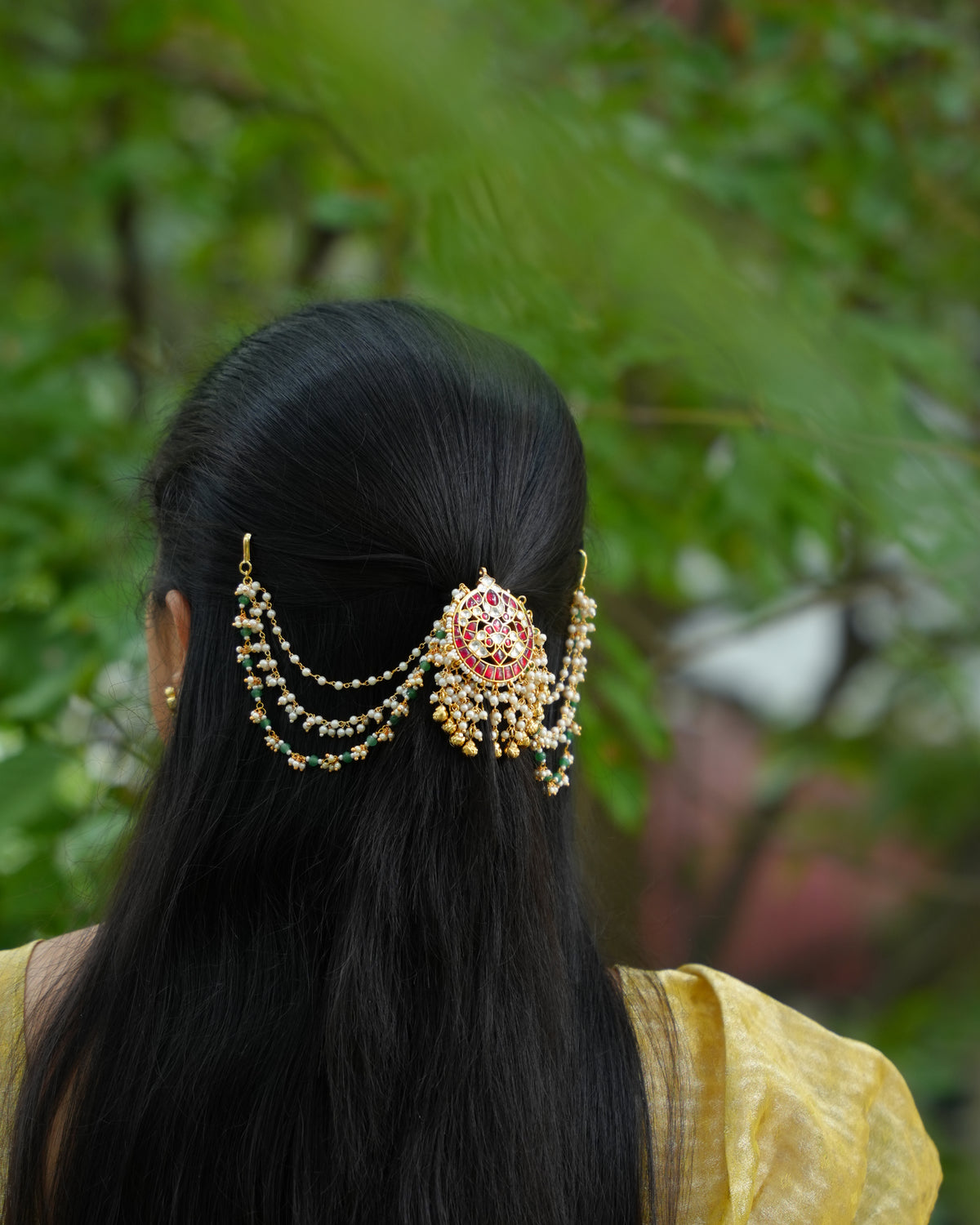 Ruby Kundan Hair Accessory with Pearl Side Chains & Gold Bead Drops