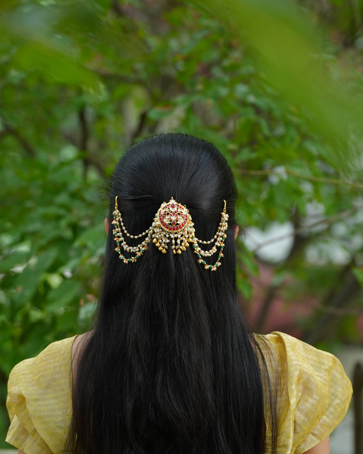 Ruby Kundan Hair Accessory with Pearl Side Chains & Gold Bead Drops